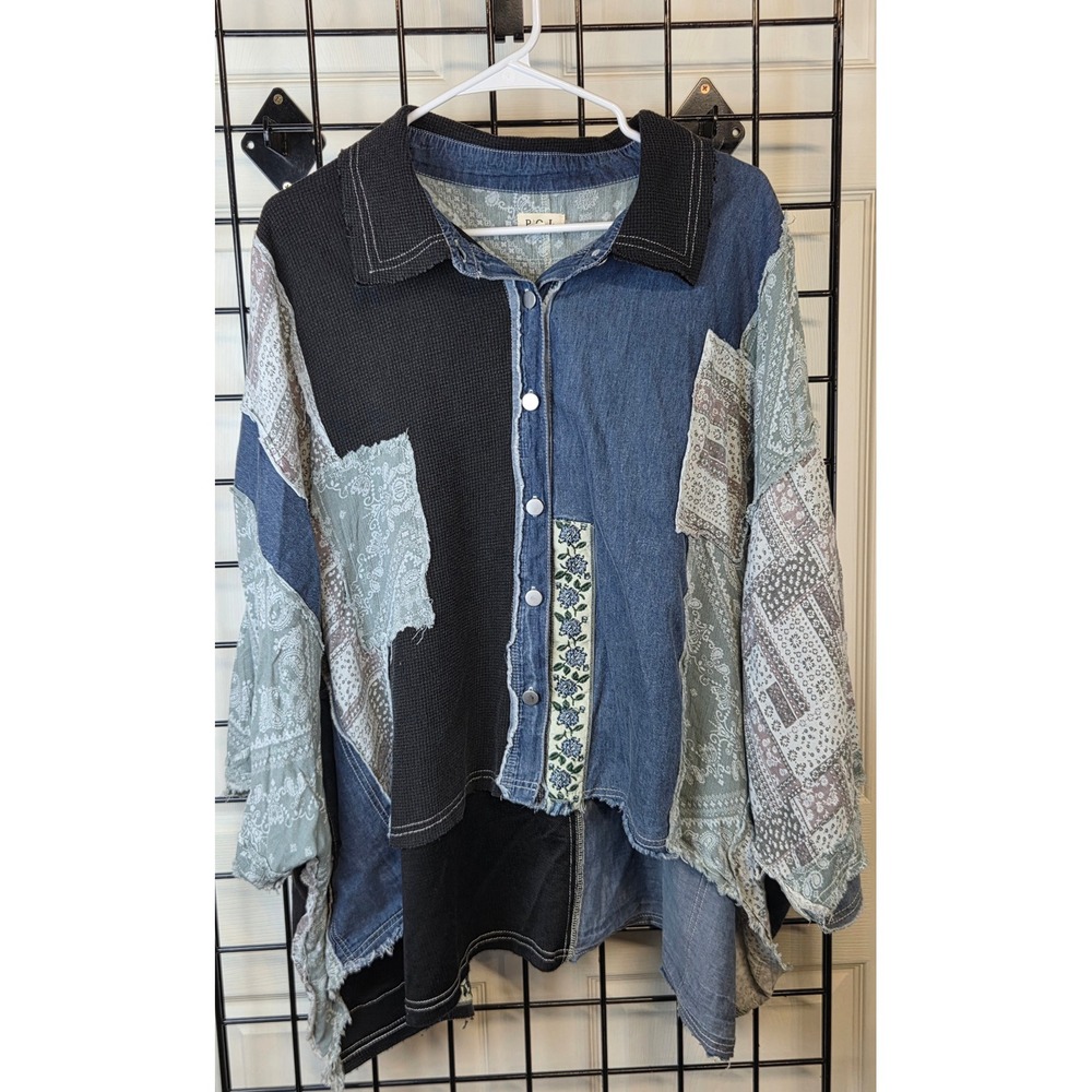 POL Patchwork Denim Waffle Knit Shirt Boho Y2K Paisley Deconstructed Raw Edge L